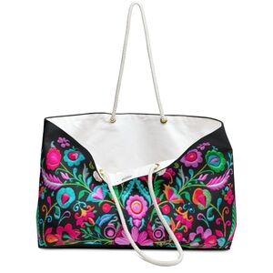Bamba Floral black weekender purse / soft tote bag 24 x 13 pink red blue flowers